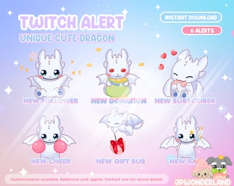 Unique Animated Twitch Alerts - Cute White Dragon | Stream Alerts | Stream decorations