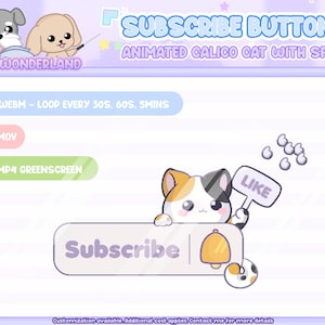 Geanimeerde Calico Cat-streaming Abonneerknopoverlay met SFX / Streamconfiguratie / Introvideo / Youtube / Twitch / Facebook