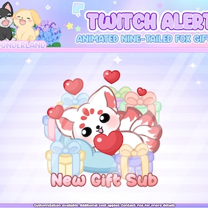 Peut inclure: Graphique d'alerte Twitch animé avec un renard à neuf queues blanc aux accents rouges tenant un cœur rouge. Le renard est entouré de cadeaux et de cœurs sur un fond rose et blanc. Le texte "TWITCH ALERT" et "ANIMATED NINE-TAILED FOX GIFTSUB" est en haut de l'image. Le texte "New Gift Sub" est en bas de l'image.