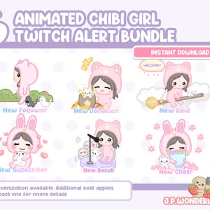 Garota Chibi exclusiva e animada usando macacão Twitch Alerts Bundle