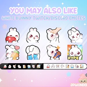 May include: A set of nine white bunny Twitch and Discord emotes. The emotes feature a variety of expressions, including a bunny holding a heart, a bunny with a carrot, a bunny with a guitar, and a bunny with a hype text bubble. The emotes are designed in a cute and cartoonish style.