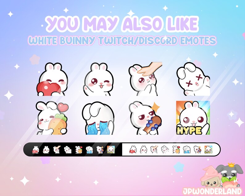 May include: A set of nine white bunny Twitch and Discord emotes. The emotes feature a variety of expressions, including a bunny holding a heart, a bunny with a carrot, a bunny with a guitar, and a bunny with a hype text bubble. The emotes are designed in a cute and cartoonish style.