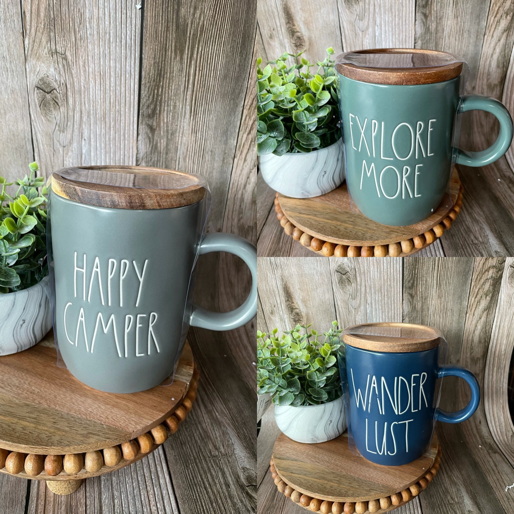 Farm House camping mugs - Happy Camper - Explore More - Wanderlust -  ceramic coffee mug with coaster / lid - gift idea