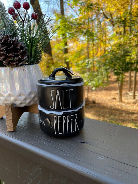 Farm House salt and pepper stacker stackable ceramic cellar with lid gift idea farmhouse style cute kitchen decor black