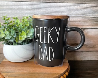 Farm House  Father’s Day mugs - Geeky Dad - mug with wooden lid / coaster - ceramic coffee mug - gift for dad - gift idea - black