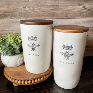 farmhouse style Bee Happy / Bee Kind canister - sugar canister - cookie canister - cellar - jar with wooden lid - bee collection
