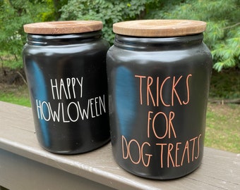 Farm House  Halloween DOG TREAT canister - dog food storage - ceramic jar with wooden lid - Happy Howloween- Tricks for dog treats