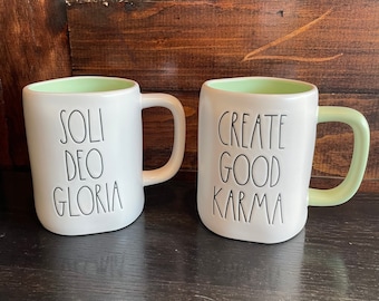 Farm House  Mugs - Soli Deo Gloria mug - Create Good Karma Mug - ceramic coffee mug - white and green