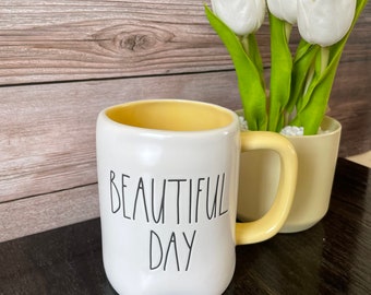 Farm House  Mugs - Beautiful day - white and yellow coffee mug - gift idea - cheerful gift - positivity mug - motivational mug