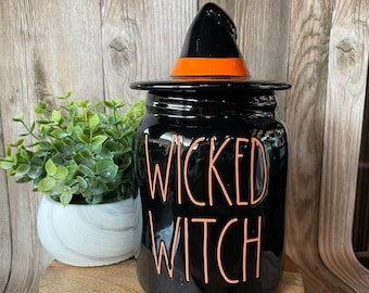 Halloween canister - Wicked Witch  - Witch hat topper lid - farmhouse Halloween - black and orange - fall decor - tiered tray decor