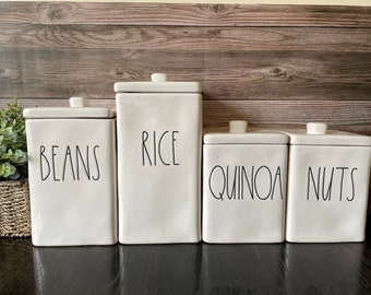 Farm House  Square canister - BEANS / RICE / Quinoa / Nuts / Crackers / Coffee canister - ceramic jar with label - farmhouse style