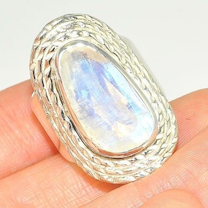 Sterling Silver Ring, Moonstone Ring, Statement Ring, Designer Ring, Chunky Ring, Ring Size 7.5, Boho Ring, Bold Ring, Glowing Moonstone