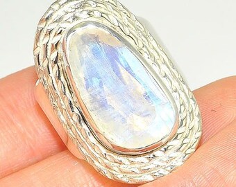 Sterling Silver Ring, Moonstone Ring, Statement Ring, Designer Ring, Chunky Ring, Ring Size 7.5, Boho Ring, Bold Ring, Glowing Moonstone