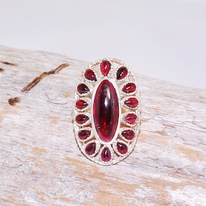 Statement Ring, Chunky Ring, Sterling Silver Ring, Garnet Ring, Gemstone Oval Ring Size 6, Boho Ring, Bold Ring, Ethnic Ring