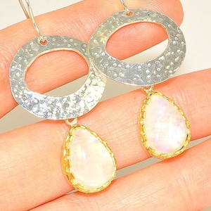 1.9&quot; Long Sterling Silver Earrings, 22 K Gold Vermeil Earrings, Glowing Moonstone Earrings, Pear Drop Earrings, Hook Earrings