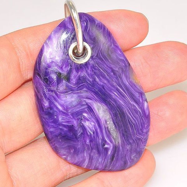 2.3" Long Sterling Silver Pendant, Bold Statement Pendant, 88 carats Genuine Russian Charoite Pendant, Street Style Pendant