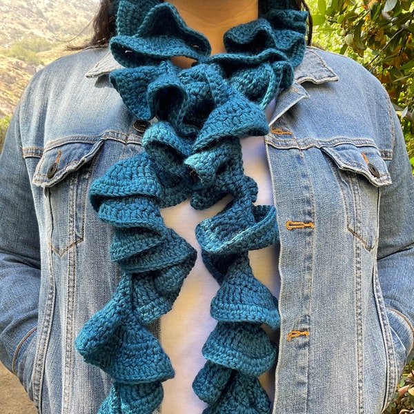 Teal Curly Crochet Scarf