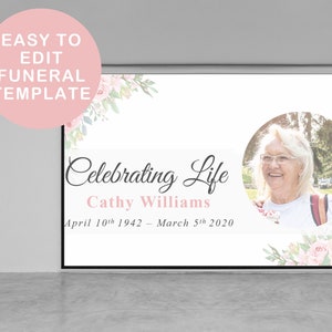 Op de afbeelding: Een wit sjabloon voor een begrafenis met een bloemenontwerp in roze en groen. Het sjabloon heeft een foto van een vrouw in een cirkel en de tekst "Celebrating Life Cathy Williams April 10th 1942 - March 5th 2020".