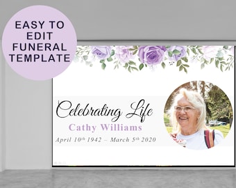 Modelo de PowerPoint para funeral, flores roxas, obituário, celebração (digital)