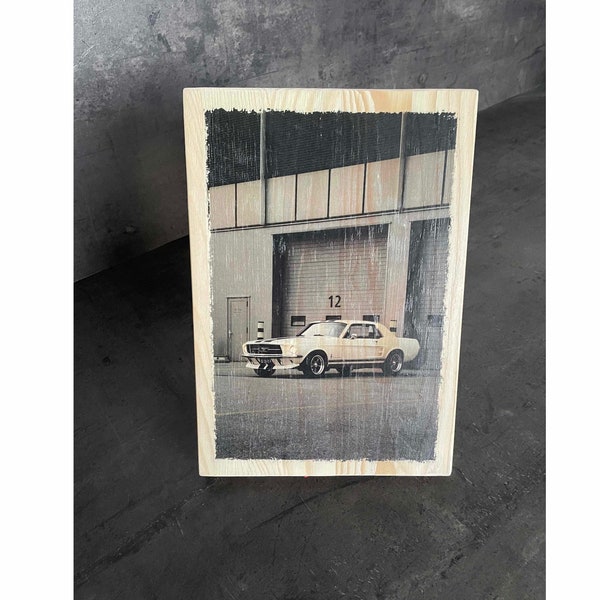 Photo sur bois déco - Ford Mustang au garage - Idée cadeau homme