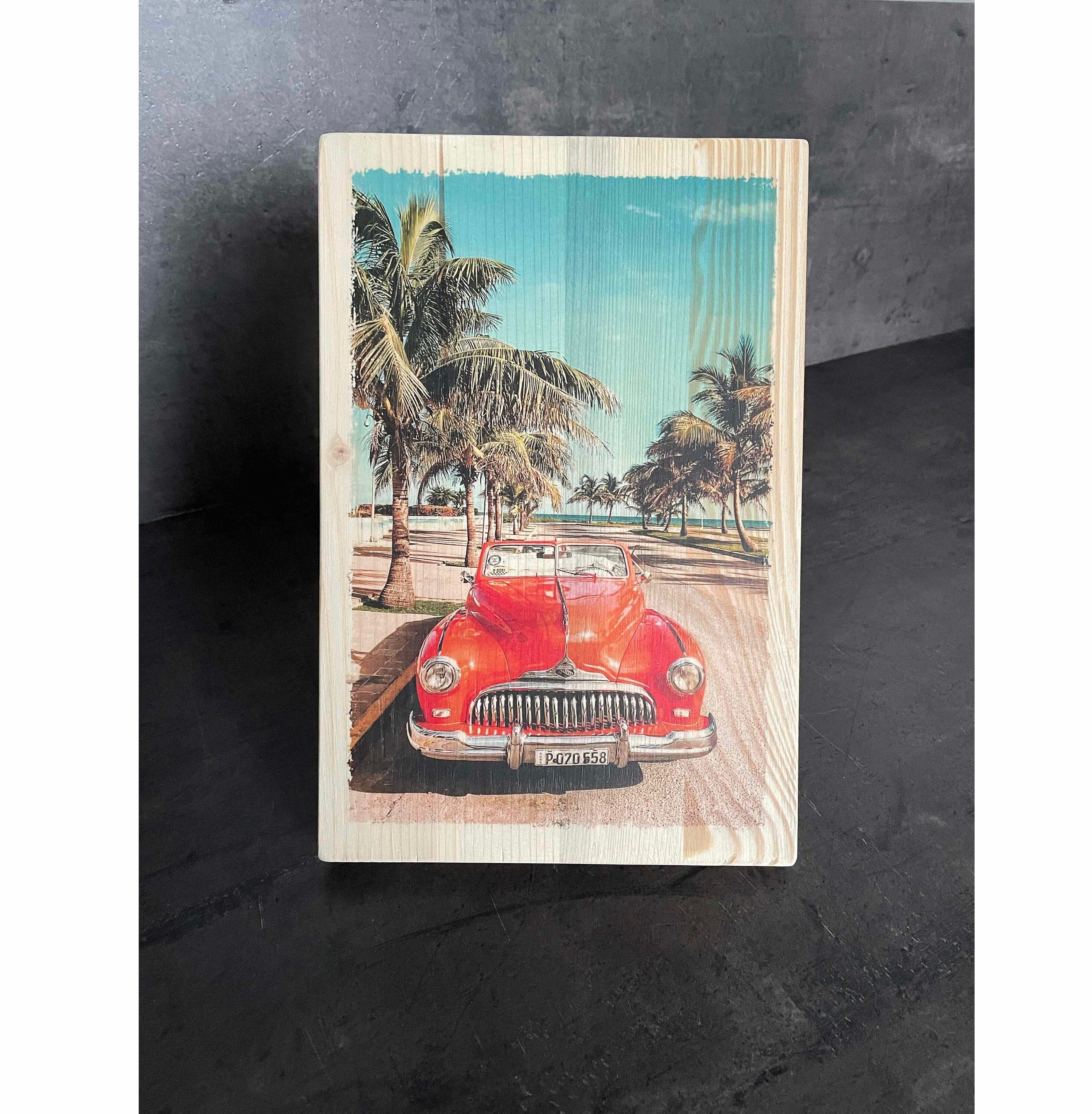 Photo sur Bois Déco - Voiture Rouge Sous Les Palmiers Idée Cadeau Homme