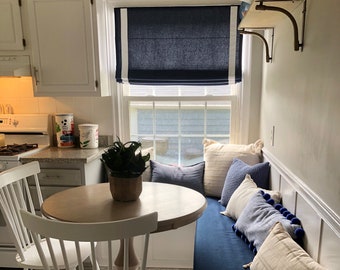 Custom Roman Shade, Relaxed Roman Shade Navy with White borders, Roman Shade with chain mechanism, Window Treatment