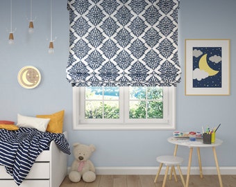 Roman Shade Modern Damask in Navy by Spoonflower, Custom Organic Cotton Shade, Relaxed Roman Shade custom, Custom Window treatments