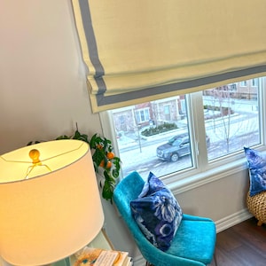 Custom Roman Shade &quot;Irish Linen&quot; with Heart Trim, European Relaxed Roman Shade, Custom Window treatments, chain mechanism