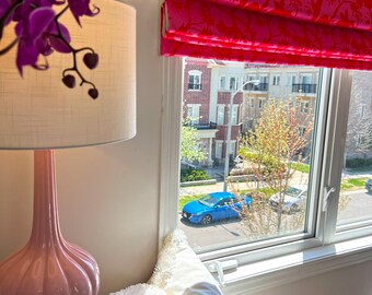 Custom Roman Shade |  Pink Botanical Fabric, Chain mechanism | Designer Fabric by @danikaherrick | Interior Design Window Treatment