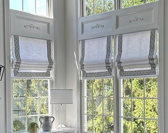 Custom Roman Shade with Decorative Trim Kravet T30744, Relaxed Roman Shade with Chain Mechanism, Custom Window treatments