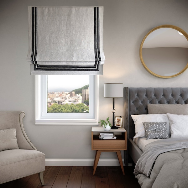 White Roman Shade With Black Trim Etsy