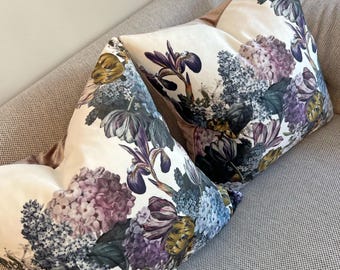 Custom Cushions | Velvet Cushions with Printed Flowers | Floral Pillows with Irises, Lilacs, and Hydrangeas | Soft & Luxurious Cushion Cover