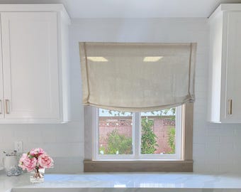 Custom Relaxed Roman Shades, Linen Utopia (100% sheer linen), Sheer Linen Roman Shade with decorative trim CE55, shades with chain mechanism
