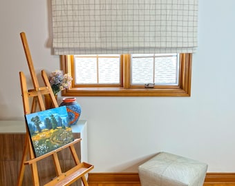 Custom Roman Shade in Butler Natural & Cream | 100% Linen Grid Fabric by Tonic Living | Tailored Modern Window Treatment | Cordless Shade