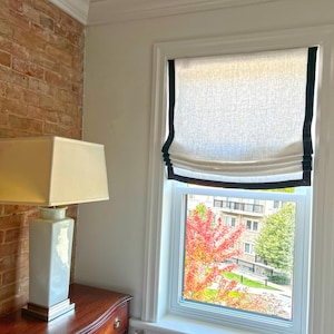 Custom Roman Shades, European Relaxed Shade, 100% Linen Roman Shades with contrasting border, chain mechanism, Roman Shades for Windows