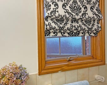 Custom Relaxed Roman Shade | Yoga Damask Black & White | Handmade Window Treatment | Bathroom Shade | Spoonflower Fabric | Corded Lift