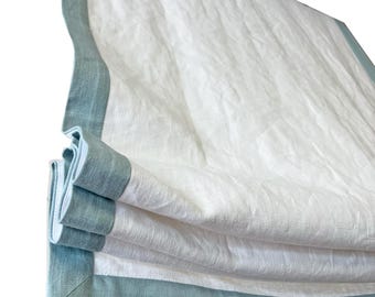 100% Linen Roman Shades, Relaxed Roman Shades,  White with Blue border, Cordless Roman shade, Roman Shades for windows, Custom Roman Shades