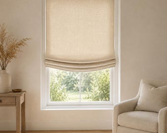 Estores romanos inalámbricos, persianas europeas de lino relajado hechas a medida, opción opaca, 100 % lino Tuscany, tratamiento de ventanas seguro para niños