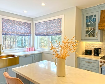 Custom Relaxed Roman Shade | Cherry Blossoms Periwinkle Fabric | Soft Fold Roman Shade | Spoonflower Fabric | Custom Window Treatment