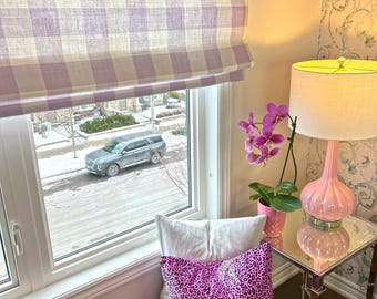 Custom Relaxed Roman Shade | 3" Gingham Check - Light Violet Purple | Belgian Linen by @spoonflower | Handmade Window Treatment