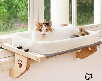 Drewniane legowisko dla kota na parapet – regulowany hamak bez użycia narzędzi ze zmywalną pluszową poduszką