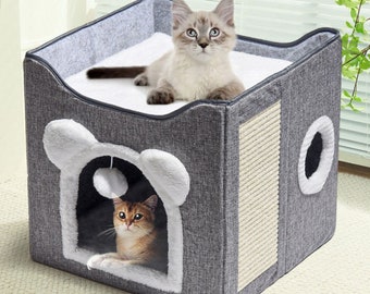 Multi Level Cat Bed | Cat Condo | Cat House with Scratcher and Toy Ball