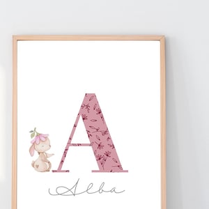 Personalized initial name decorative sheet, animals, rabbit, bunny, digital download, children&#39;s decoration, printable, children&#39;s