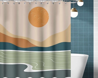 Sunset Shower Curtain,Mid Century Sunset Boho Mountain Shower Curtain,Modern Fabric Bathroom Curtains,Bathroom Decor,Housewarming Gift