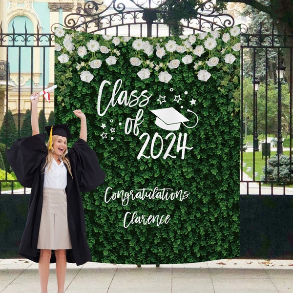 Custom Graduation Party Backdrop - Personalized Grass Wall Backdrop Banner - Class of 2024 Graduation Backdrop Fabric - Ceremony Decorations