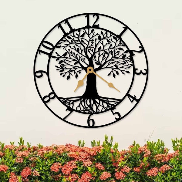 Horloge murale en métal arbre de vie, décoration murale en métal, art mural en métal, horloge murale en forme d'arbre, décoration moderne unique pour le salon, cadeau de pendaison de crémaillère