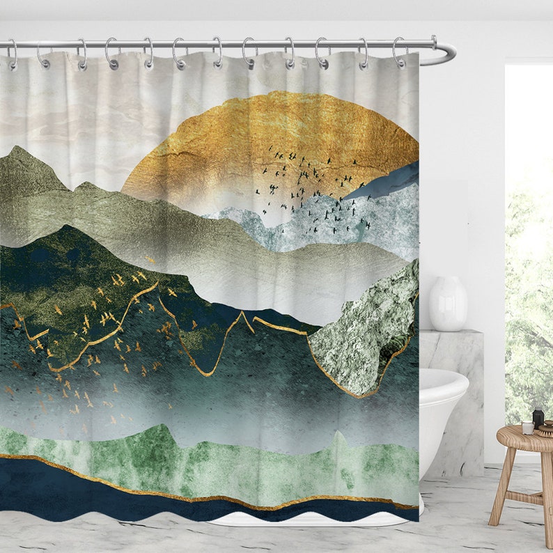 the green golden mountains by sunset shower curtain Waterproof Modern Fabric Bathroom Shower Curtains Christmas gifts /xmas presents 