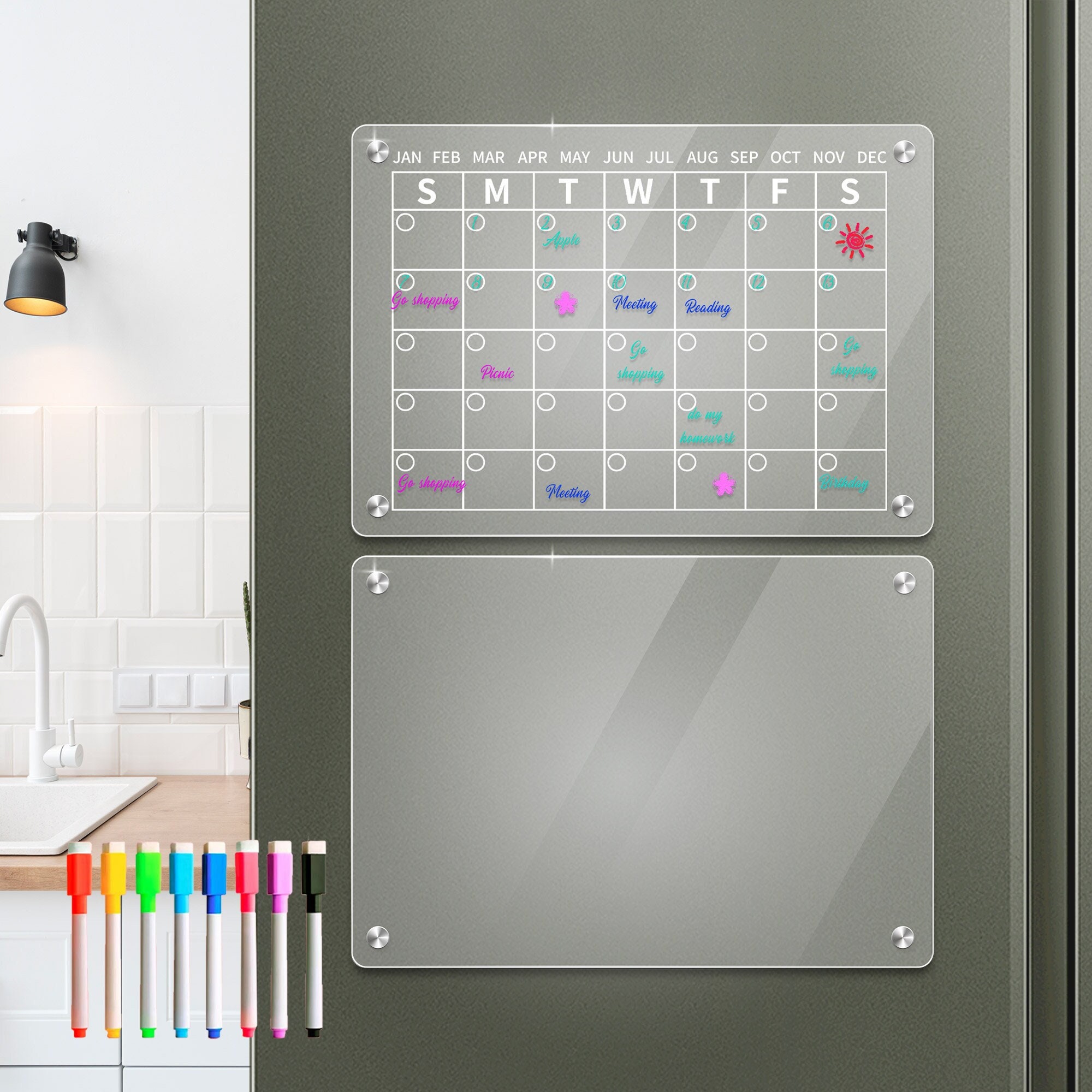 Magnetic Dry Erase Chore Chart and Calendar Bundle for Fridge: 2 Boards Included - 17x12 inch - 6 Fine Tip Markers and Large Eraser with Magnets