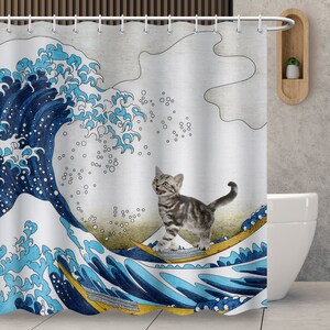 Funny Shower Curtain,Cat Treading Waves Shower Curtain,Art Decoration Print Waterproof Shower Room Curtain,Hilarious Art Bathroom Curtain