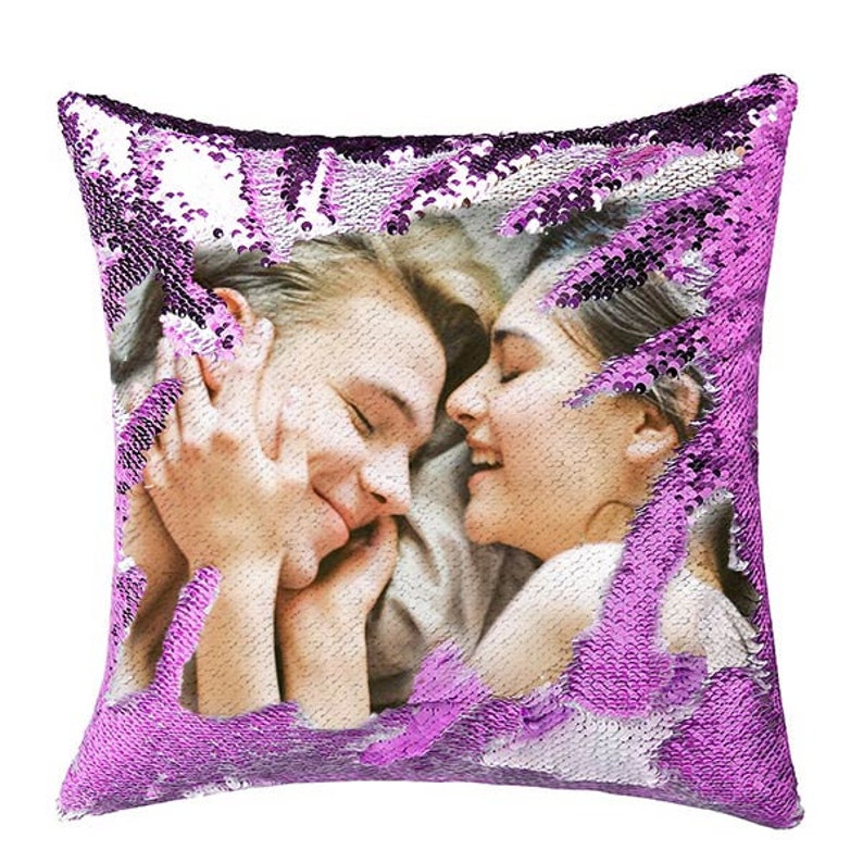 Custom Sequin Throw Pillow with Photo-Comfy Satin Cushion Covers,Decorative Pillowcases for Party/Christmas/Thanksgiving/New Year/gift ideas Purple